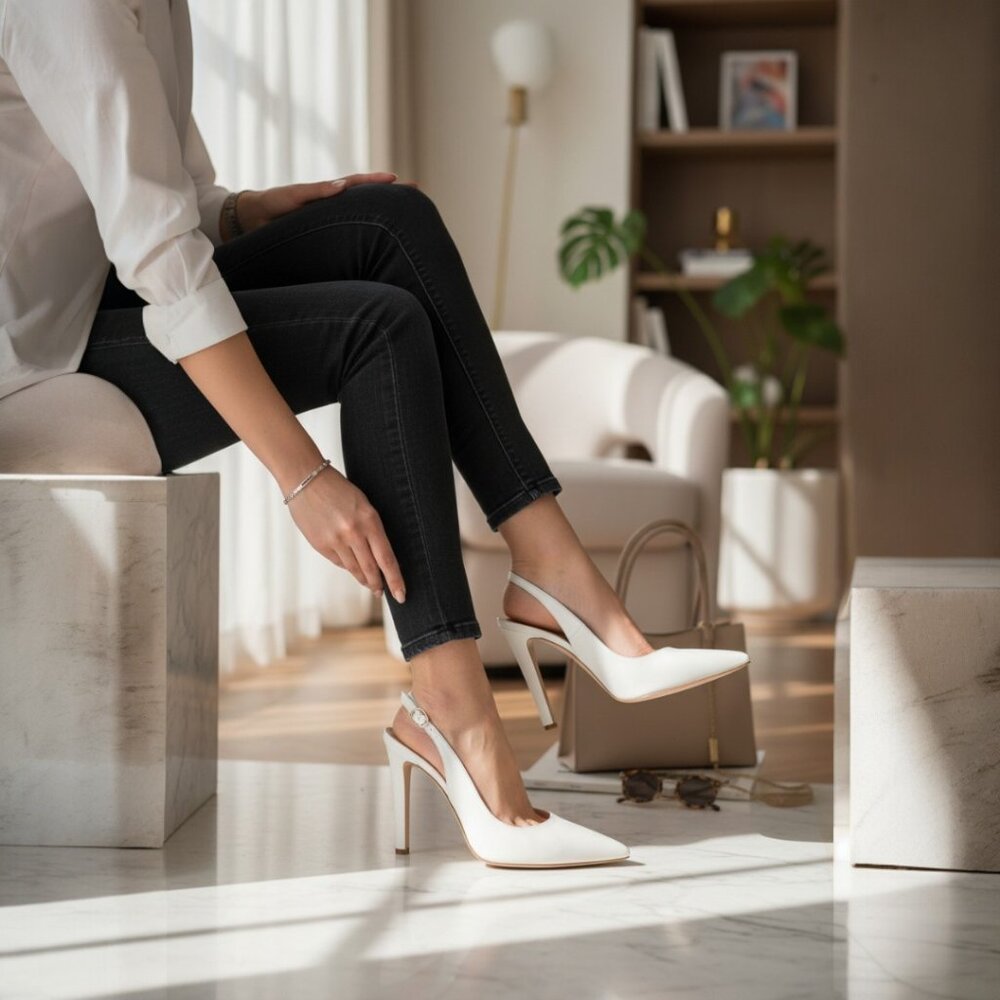 Studio Pollini White Patent Leather Pointy Toe Designer High Heel Slingbacks 9.M